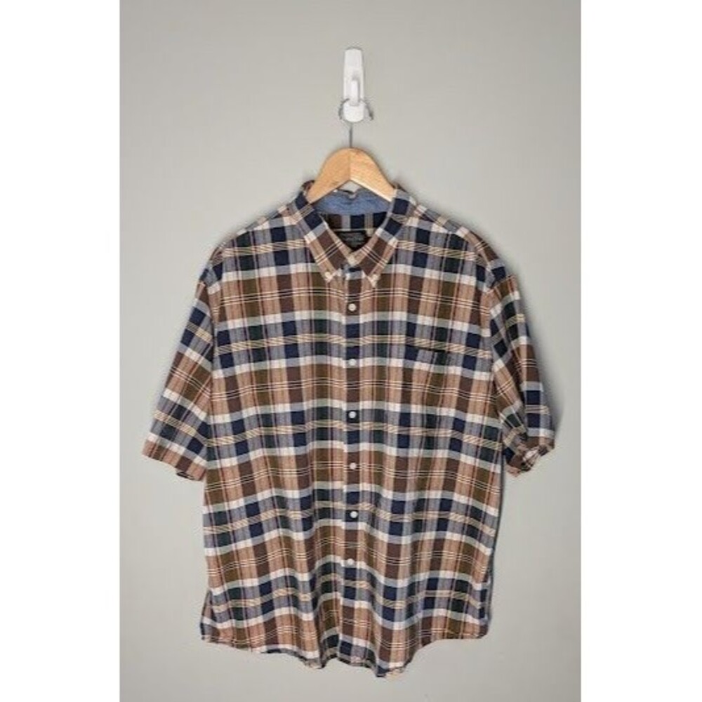 Pendleton Mens XXL Short Sleeve Plaid Button Down Shirt Cotton Brown Blue Red